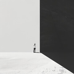 "Minimalist black and white abstract scene with solitary man standing between contrasting light and shadow"
