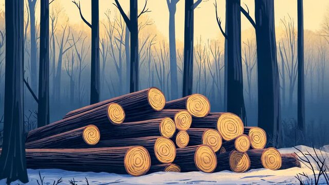 A stack of logs sits in a snowy forest, likely harvested for lumber