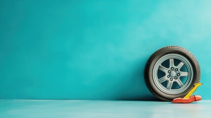 A single car tire with a clamp rests against a bright cyan wall, suggesting themes of mobility and restraint, with a minimalist and modern aesthetic.