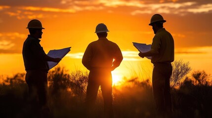 Construction team silhouetted at sunset, discussing plans with blueprints in hand, the warm glow highlighting their collaboration