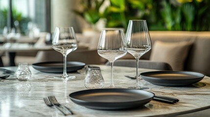 Elegant dining table arrangement with plates, cutlery, and wine glasses on a marble surface, leaving room for copy