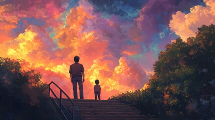 Fototapeta premium A man stands on the stairs, silhouette of people in a colorful sky background