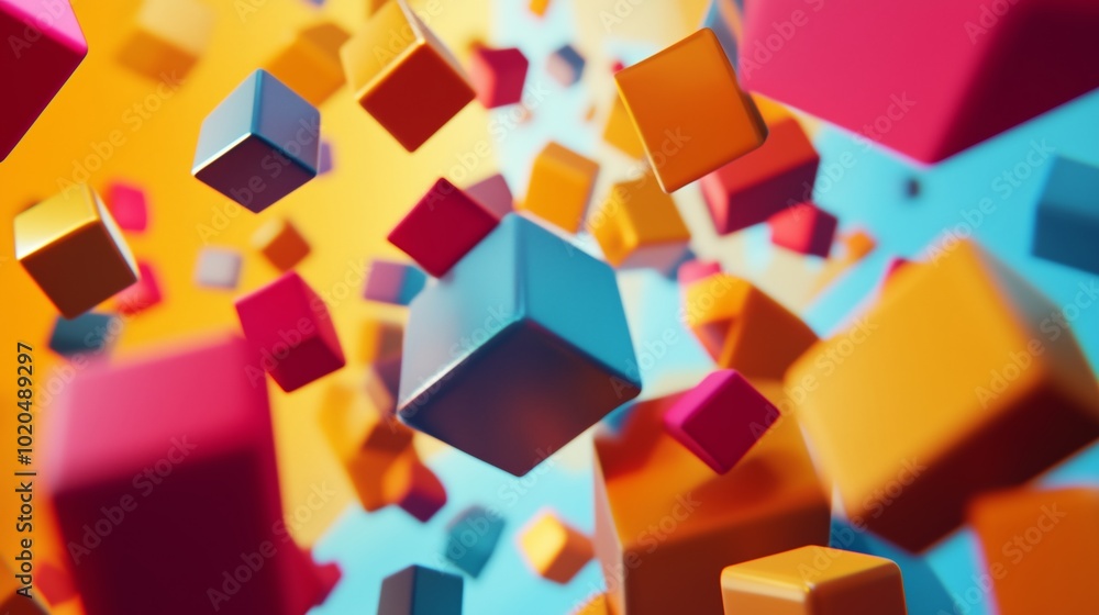 Poster colorful floating cubes create a dynamic abstract composition against a vibrant blue and orange back