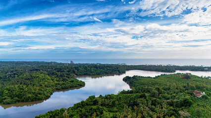Lush greenery and serene waterscape in Sri Lanka. A breathtaking view of lush greenery meeting tranquil waters in Sri Lanka, showcasing nature's beauty under a wide sky.