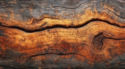 Closeup view of a rustic wooden surface that features a noticeable crack, revealing its natural texture