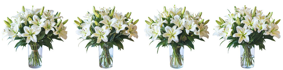 Fototapeta premium collection Set of A large bouquet of white lilies in a clear glass vase, against on a transparent background cutout, PNG file. Mockup template
