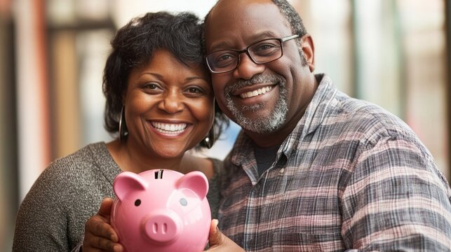 Couple holding piggy bank: Smiling couple holding a pink piggy bank, representing their joint efforts in saving money