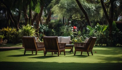 Stunningly designed backyard oasis featuring elegant outdoor furniture for relaxation