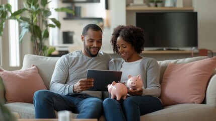 Couple on couch budgeting: A couple sitting comfortably on the couch, using a tablet and piggy bank to organize their family budget