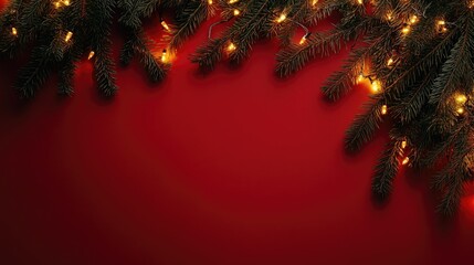 Fir branches and golden fairy lights on a red background. Plenty of room for copy