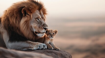 A lion gazes lovingly at its young cub atop a rocky ledge, embodying love and protection in the wild, with a blurred savannah stretching beyond.