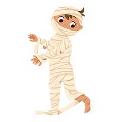 Happy cute little kid wears mummy Halloween costume. Funny boy in a masquarad outfit. Hand drawn vector character design for sticker, print, web