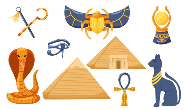 Cartoon Egypt elements. Set with pyramids, cat, cobra, scarab, egypt symbols, aten, eye of horus. Vector illustration for stickers, logo, print, web