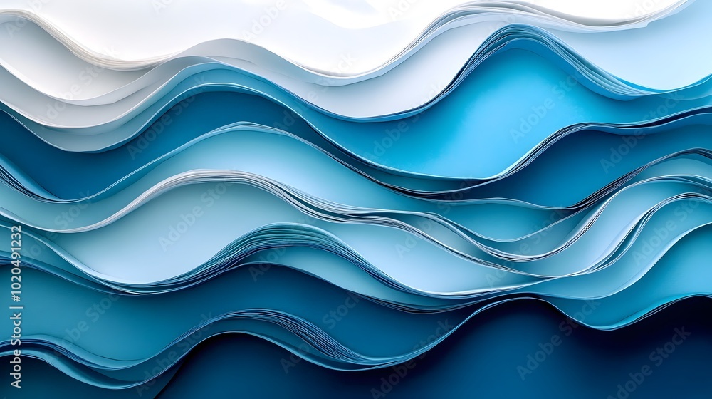 Aufkleber layered paper waves in flowing blue and white tones generating a dynamic abstract ocean effect