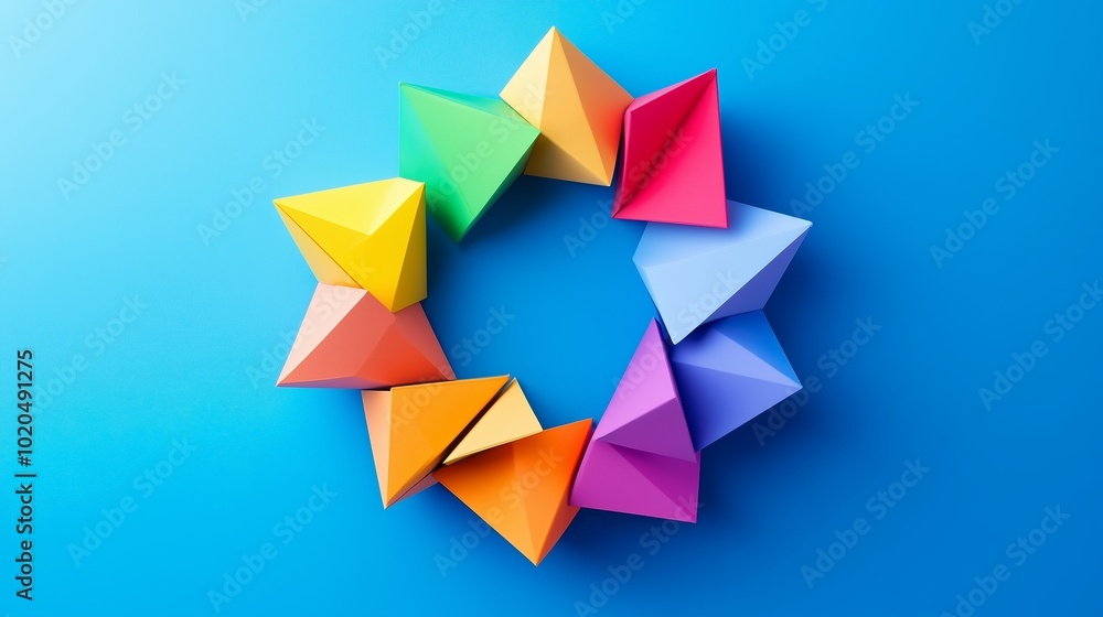 Poster colorful geometric shapes arranged in a circular pattern against a bright blue background displaying
