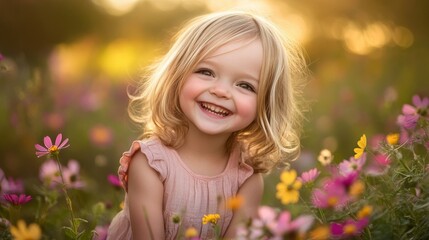 Fototapeta premium A Young Girl Smiles Brightly Amidst a Field of Flowers