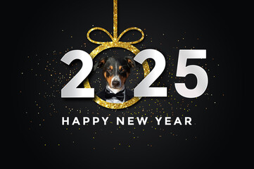 happy new year 2025 with a dog, black background.