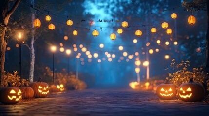 Halloween festival night scene with glowing lanterns, pumpkins, and a foggy background. Copy space on the side for your text