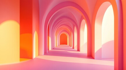 A long hallway with orange walls and orange steps. The steps are in a row and the hallway is very long