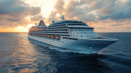 A large cruise ship sails across the ocean at sunset.