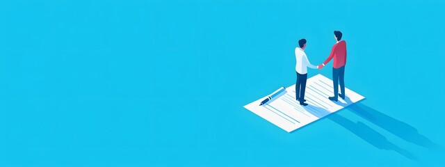  Isometric illustration of two businessmen shaking hands over an inked contract on the table