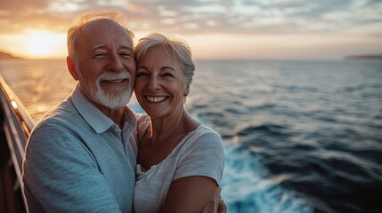 Fototapeta premium senior couple on a cruise ship deck with a stunning ocean view in the background enjoying their retirement and each other's company on a peaceful and leisurely vacation