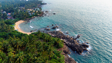 Coastal view of palm-fringed beach in Sri Lanka. A tranquil coastal area in Sri Lanka showcases a beautiful sandy beach surrounded by lush palm trees and clear blue waters.