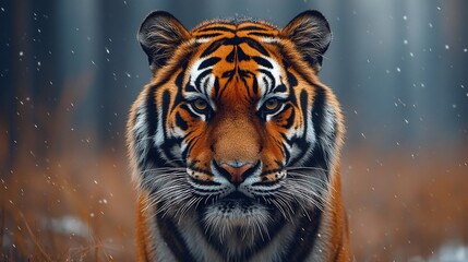 A Siberian tiger stares intensely at the camera, with a blurred forest background and falling snow.