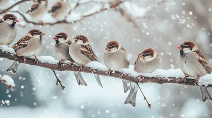 Winter Serenity: Sparrows Perched on Snowy Branches
