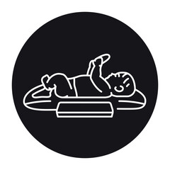 Newborn baby being weighed on the scales line icon.