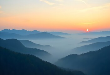 Sunrise Over Mountain Hill Shrouded in Fog and Sea Clouds Misty Morning 