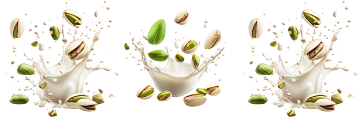 collection Set of A Pistachio nuts and milk splash on a transparent background cutout, PNG file