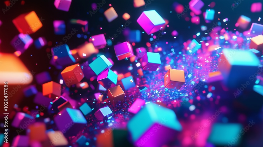 Poster colorful abstract cubes floating in a vibrant digital space with dynamic lighting effects