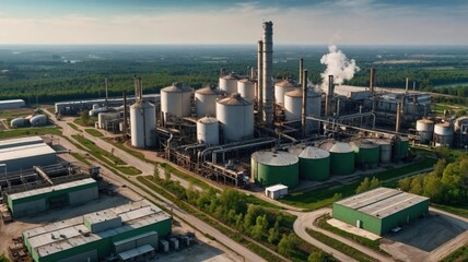 Obraz premium Aerial view of a large industrial plant with smoke from chimneys