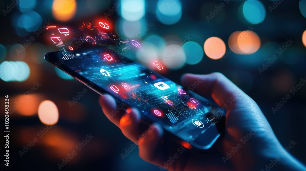 Poster a hand holding a smartphone with neon app icons and a bokeh background