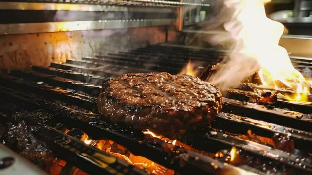 Burger with fries being prepared in a restaurant
