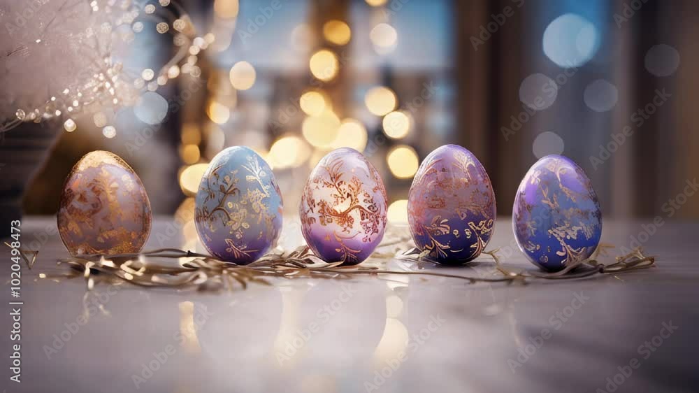 Poster luxurious easter eggs adorned with golden floral patterns elegantly arranged on a shiny table agains
