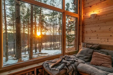 Fototapeta premium A couch with a wooden floor and a large window overlooking a forest. Generative AI