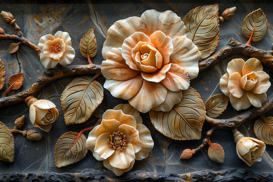 Elegant floral bas relief on textured wall created with generative AI technology