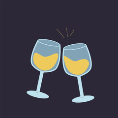 Hand drawn vector illustration of pair glasses with champagne. Flat design.