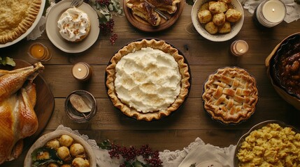 Fototapeta premium Top view of a festive Thanksgiving spread with pies, turkey, and mashed potatoes. Plenty of copy space for greetings