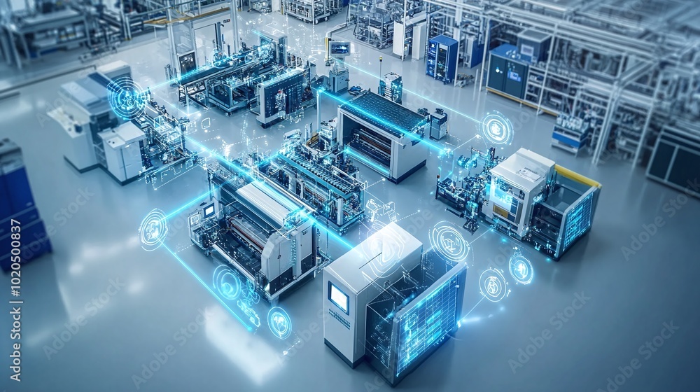 Poster industry 4.0 smart factory interior highlighting automated production lines iiot machines and effici