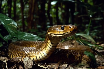 Obraz premium A close-up of a snake in a lush forest environment.