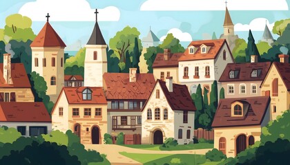 Fototapeta premium An illustration of a european town from the middle ages