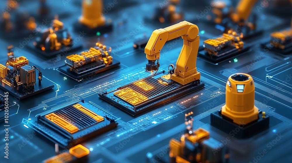 Poster industry 4.0 smart factory interior highlighting automated production lines iiot machines and effici