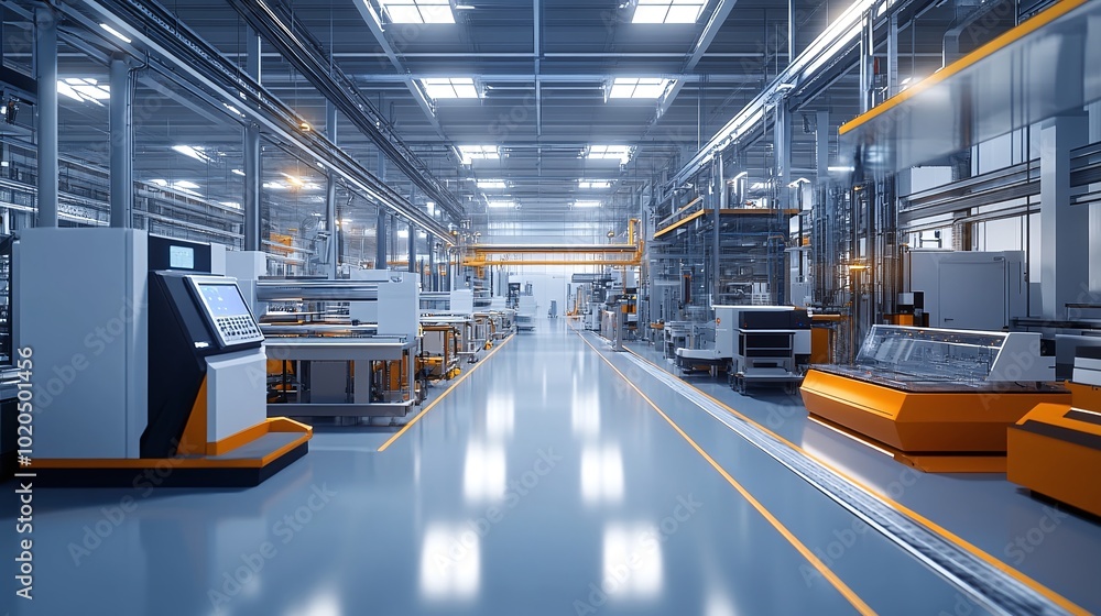 Poster industry 4.0 smart factory interior highlighting automated production lines iiot machines and effici