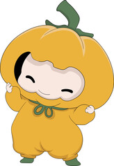Cute Child Wearing A Yellow Pumpkin Costume For Halloween In Cartoon Style