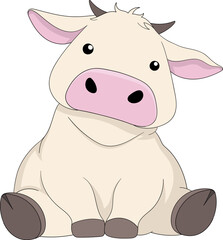 Cute Dairy Cow Sitting With A Dreamy Expression In Cartoon Style