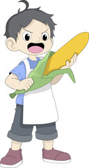 Excited Boy Harvesting A Large Corn Cob In A Cartoon Style