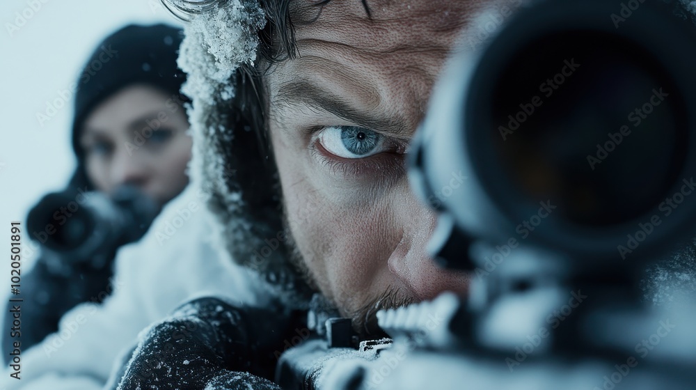 Wall mural two snipers are intensely aiming their rifles in a snowy setting, displaying concentration and preci